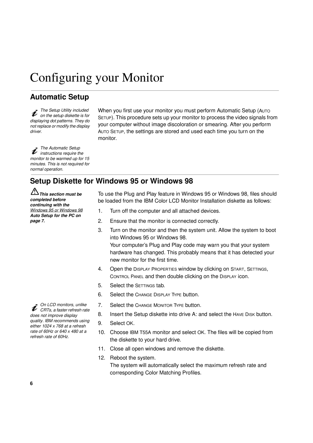 IBM T 55A manual Configuring your Monitor, Automatic Setup, Setup Diskette for Windows 95 or Windows 