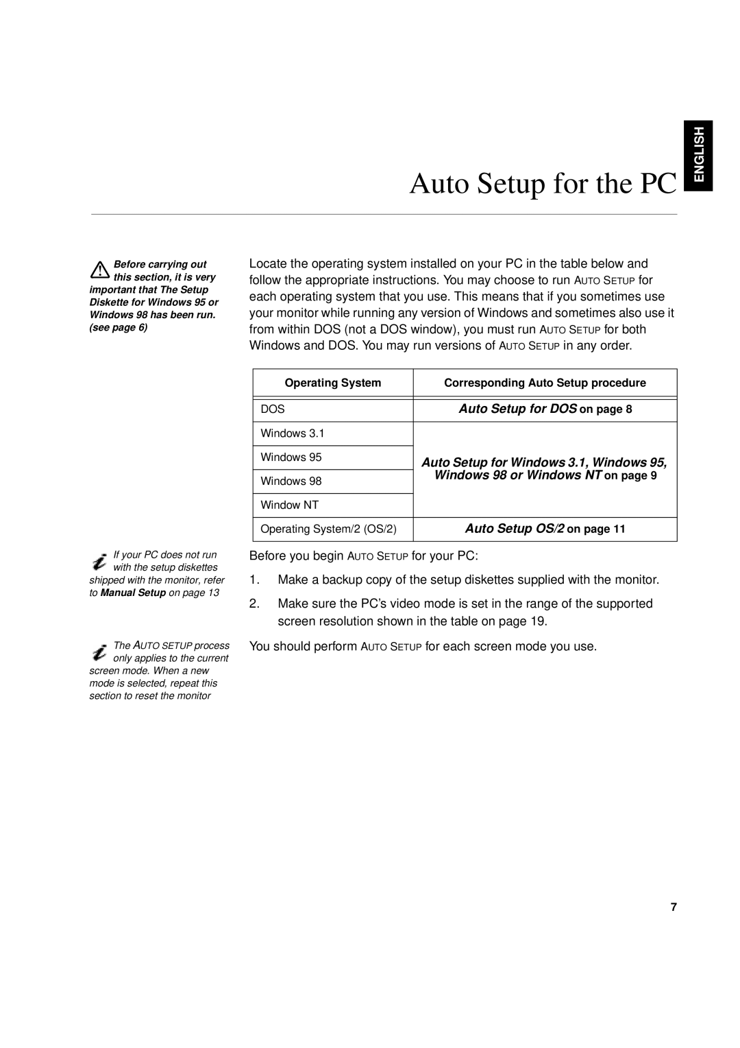IBM T 55A manual Auto Setup for the PC, Français English, Auto Setup for DOS on page, Auto Setup for Windows 3.1, Windows 
