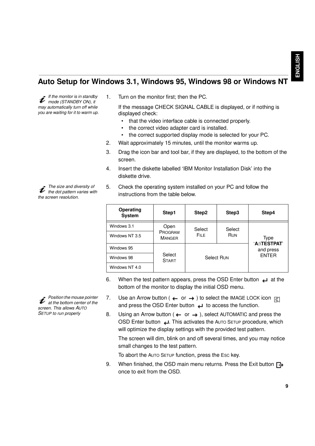 IBM T 55A Auto Setup for Windows 3.1, Windows 95, Windows 98 or Windows NT, English, Français Italiano Español, Operating 