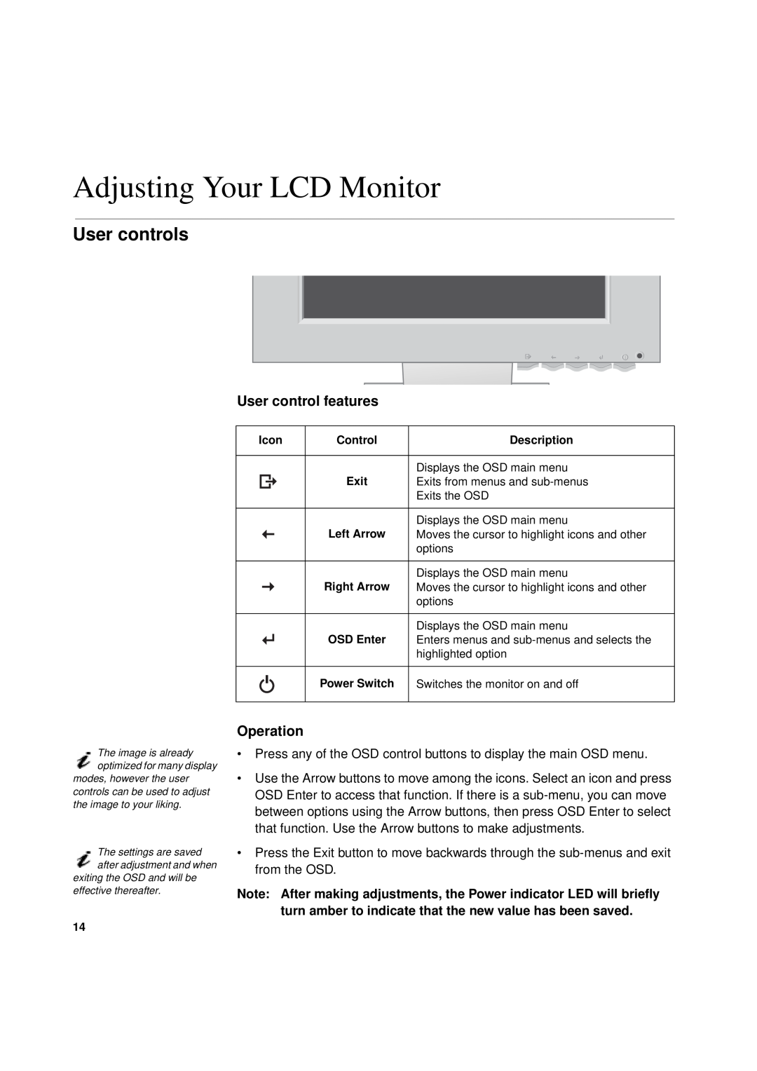 IBM T 55A manual Adjusting Your LCD Monitor, User controls, User control features, Operation 