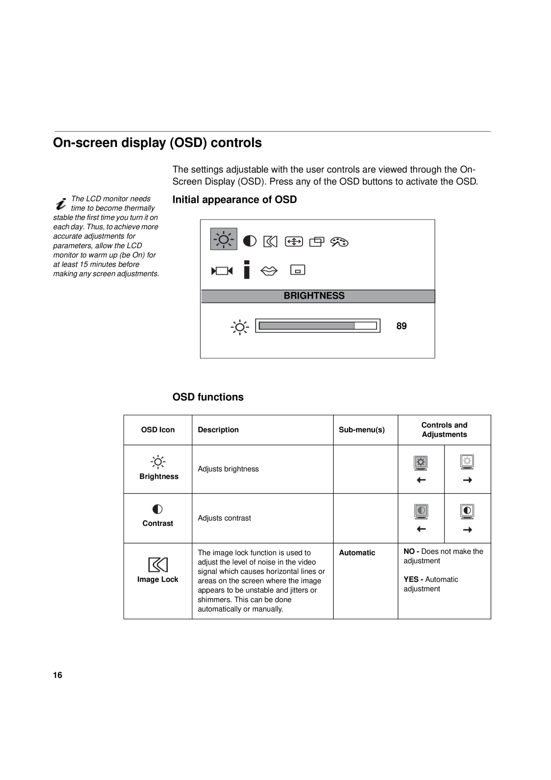 IBM T 55A manual On-screen display OSD controls, Initial appearance of OSD, OSD functions, Brightness 