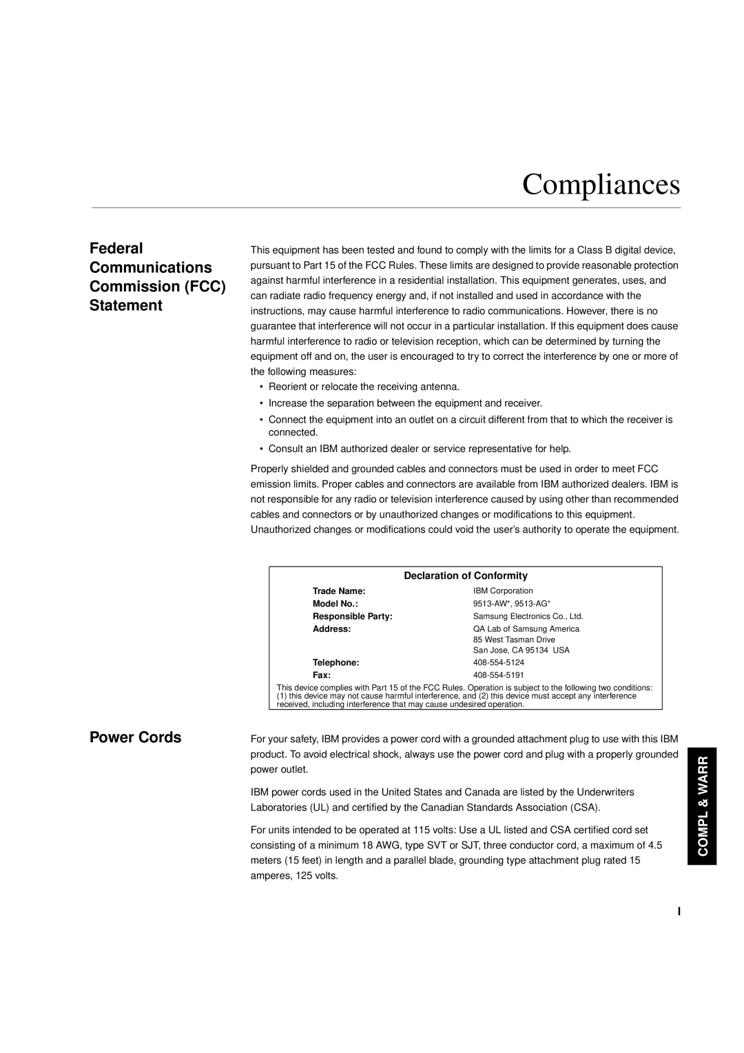 IBM T 55A manual Compliances, Federal Communications Commission FCC Statement, Power Cords, Compl & Warr 