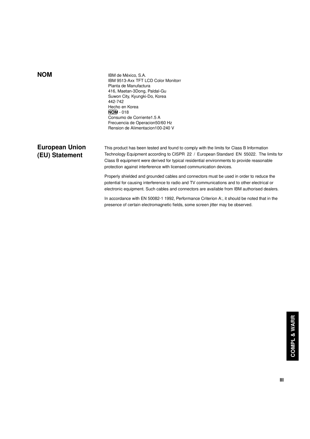 IBM T 55A manual NOM European Union EU Statement, Compl & Warr 