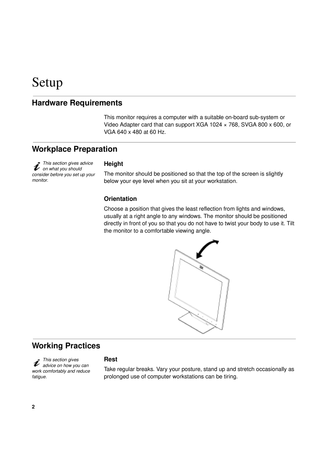 IBM T 55A manual Setup, Hardware Requirements, Workplace Preparation, Working Practices 