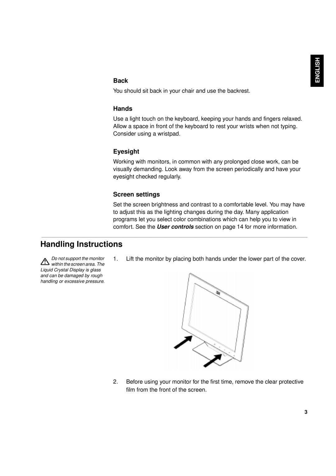 IBM T 55A manual Handling Instructions, Back, Hands, Eyesight, Screen settings 