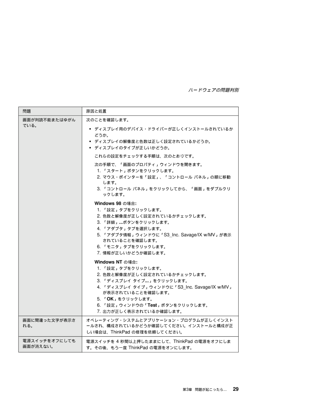 IBM T20 manual 「アダプタ情報」ウィンドウに「S3Inc. Savage/IX w/MV 」が表示, 「ディスプレイ タイプ」ウィンドウに「S3Inc. Savage/IX w/MV 」 