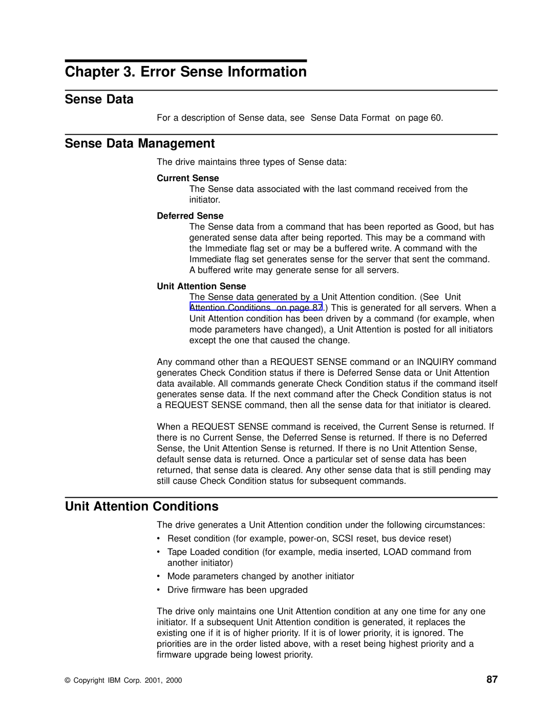 IBM T200F manual Error Sense Information, Sense Data Management, Unit Attention Conditions 