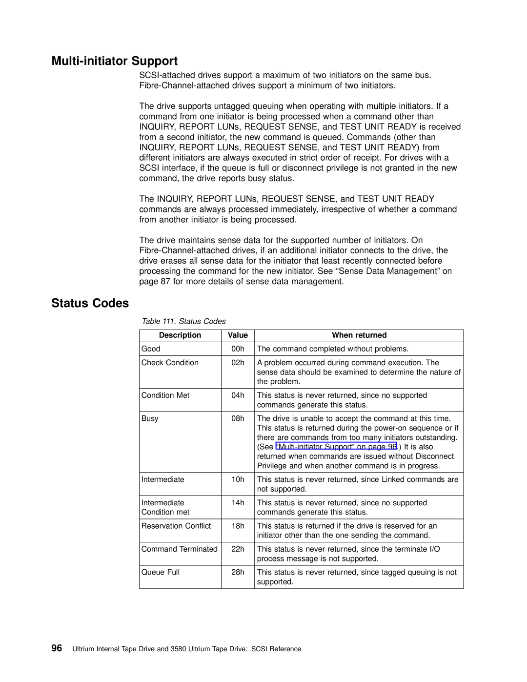 IBM T200F manual Multi-initiator Support, Status Codes, Description Value When returned 