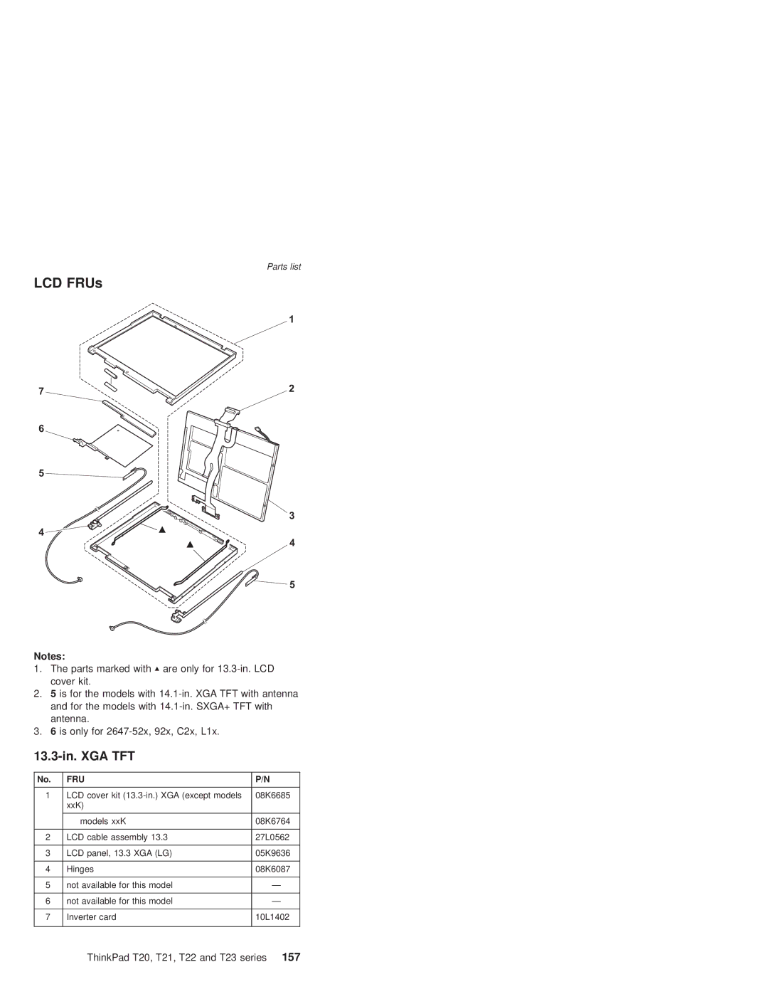 IBM T21, T22 manual LCD FRUs, 13.3-in. XGA TFT 