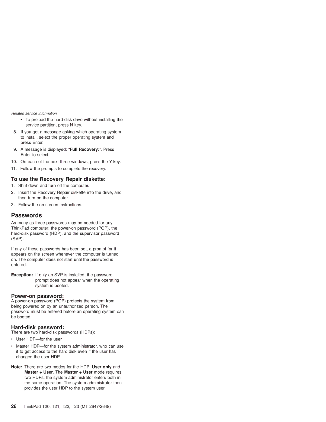 IBM T22, T21 manual Passwords, To use the Recovery Repair diskette, Power-on password, Hard-disk password 