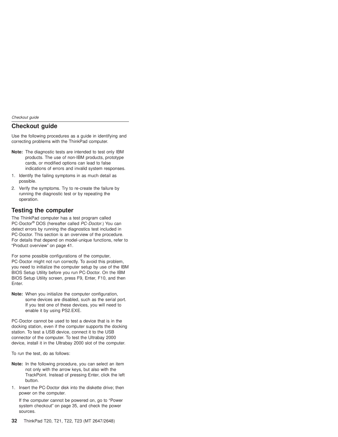 IBM T22, T21 manual Checkout guide, Testing the computer 