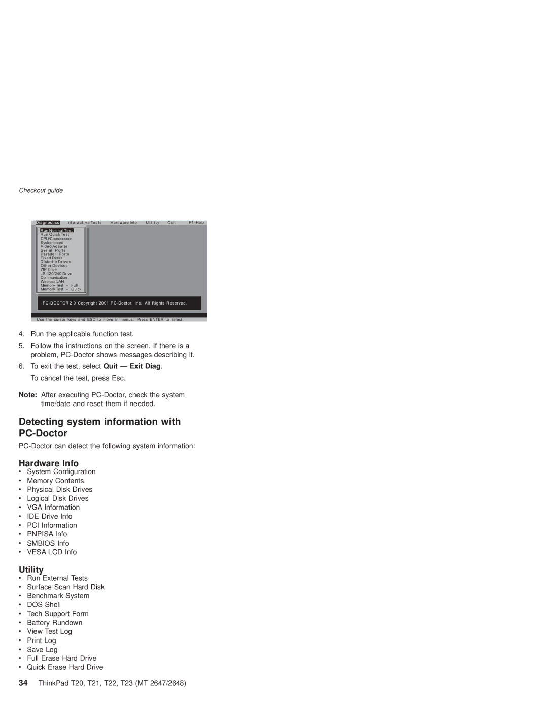 IBM T22, T21 manual Detecting system information with PC-Doctor, Hardware Info, Utility 