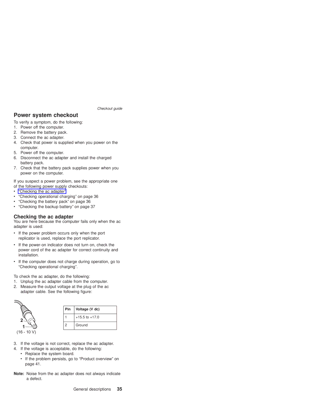 IBM T21, T22 manual Power system checkout, Checking the ac adapter 