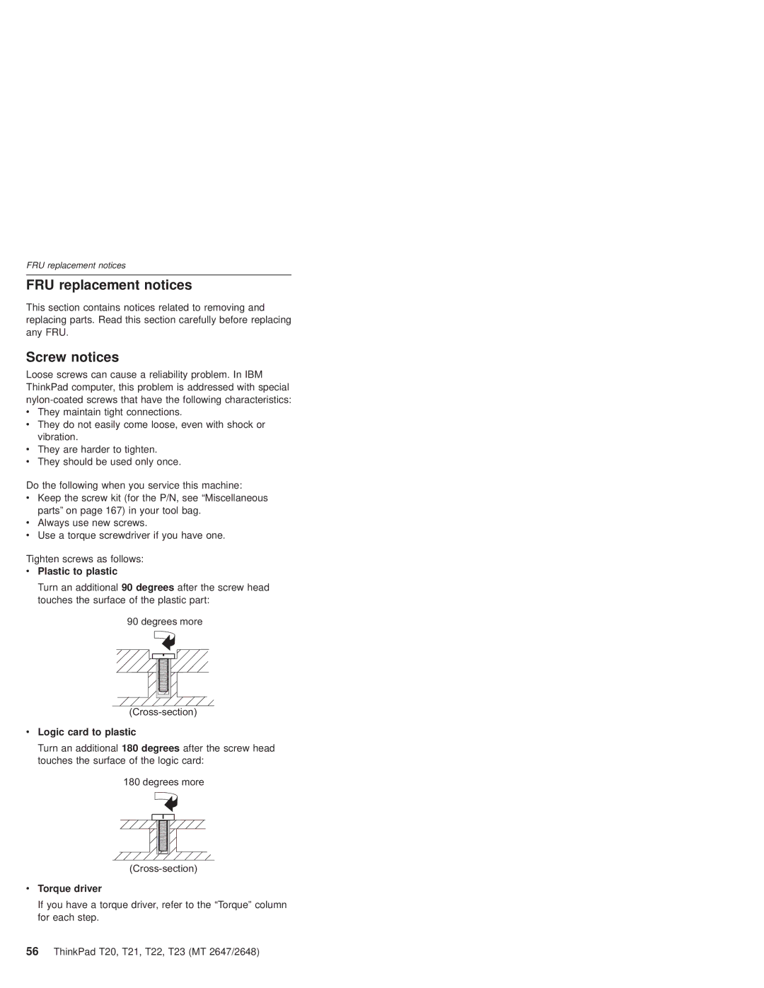 IBM T22, T21 manual FRU replacement notices, Screw notices, Plastic to plastic, Logic card to plastic, Torque driver 