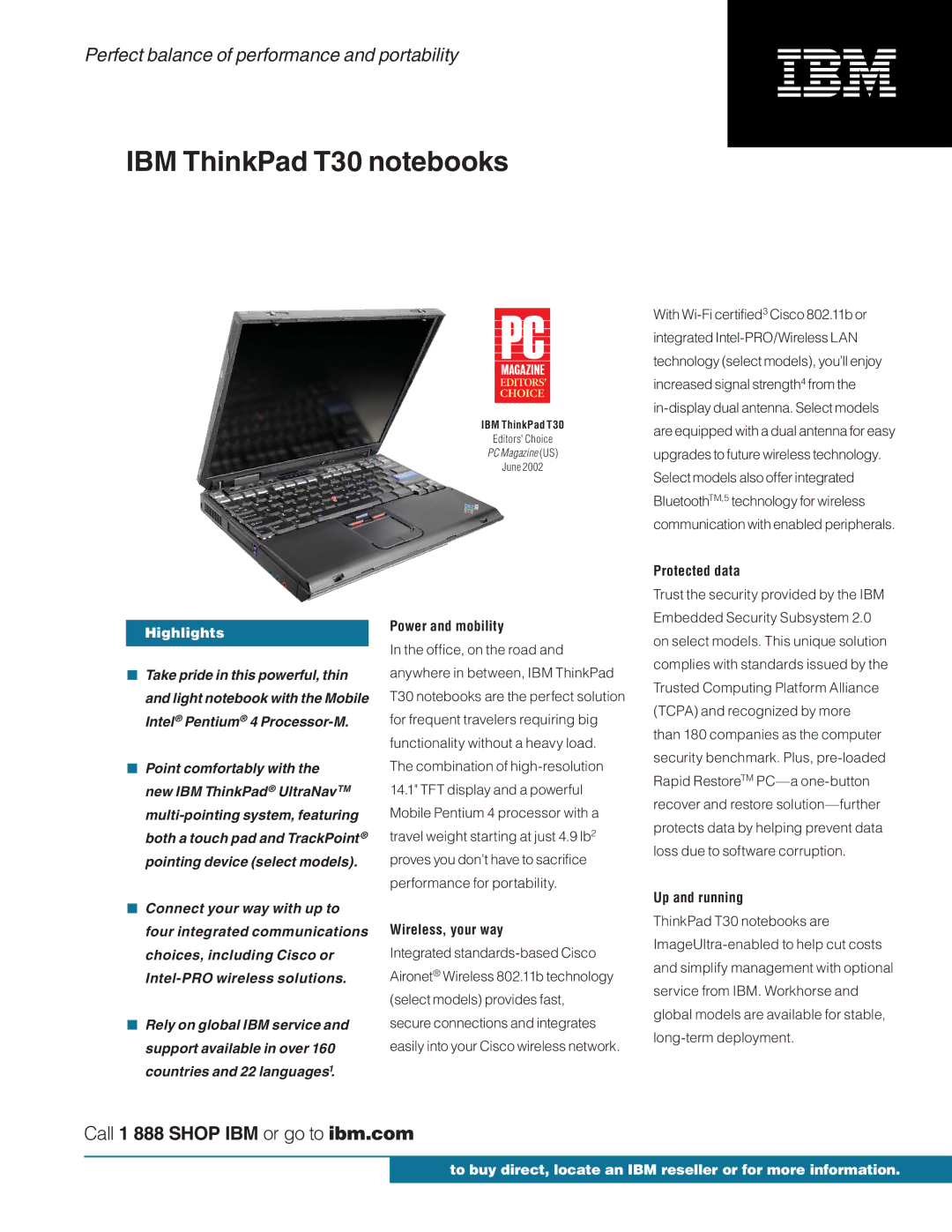 IBM T30 manual Protected data, Highlights, Power and mobility, Wireless, your way, Up and running 