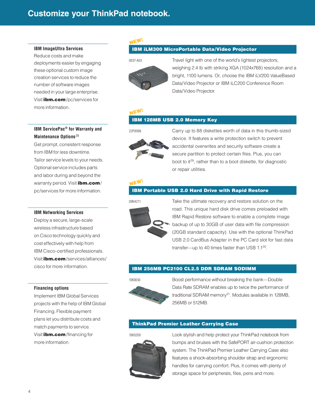 IBM T30 manual IBM iLM300 MicroPortable Data/Video Projector, IBM 128MB USB 2.0 Memory Key 