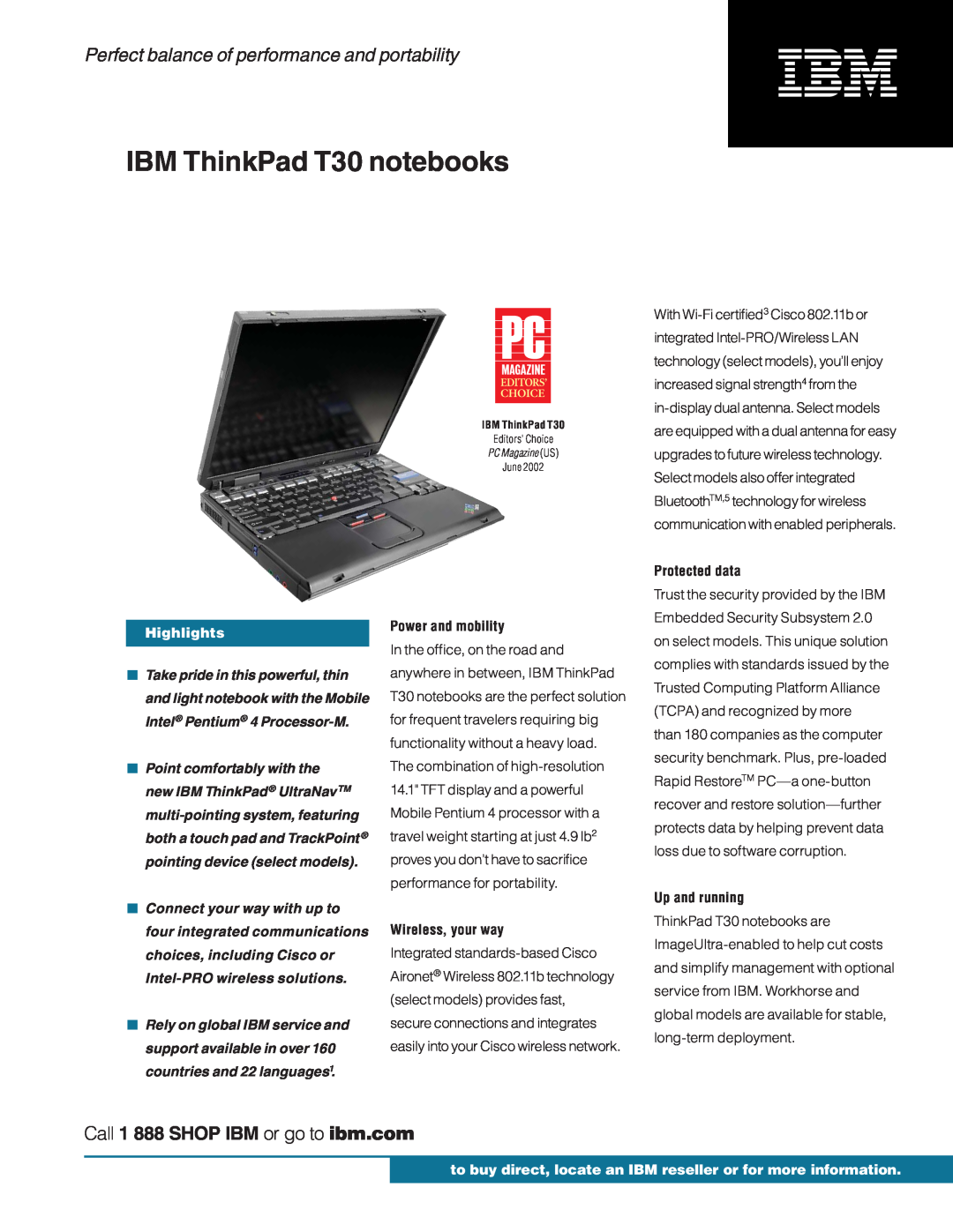 IBM manual Highlights, to buy direct, locate an IBM reseller or for more information, IBM ThinkPad T30 notebooks 