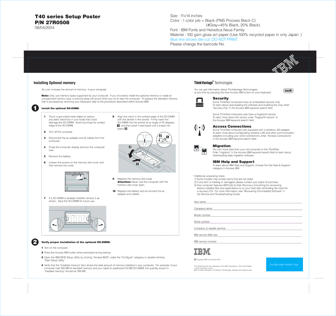 IBM T40 manual Security, Access Connections, Migration, IBM Help and Support 