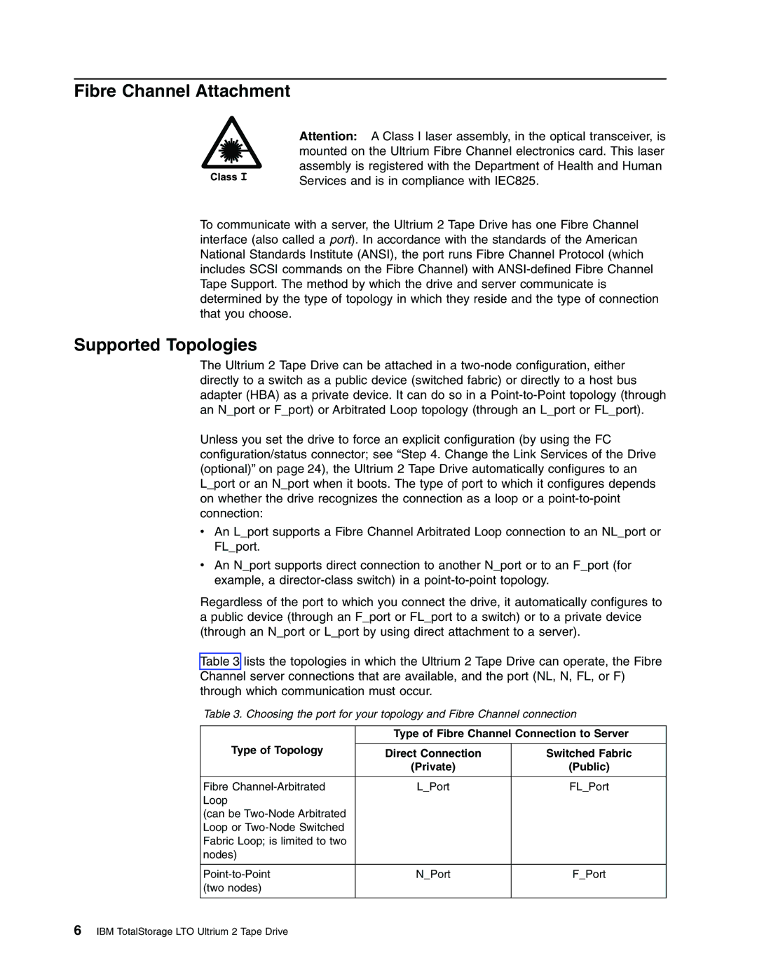 IBM T400F manual Fibre Channel Attachment, Supported Topologies, Type of Fibre Channel Connection to Server 