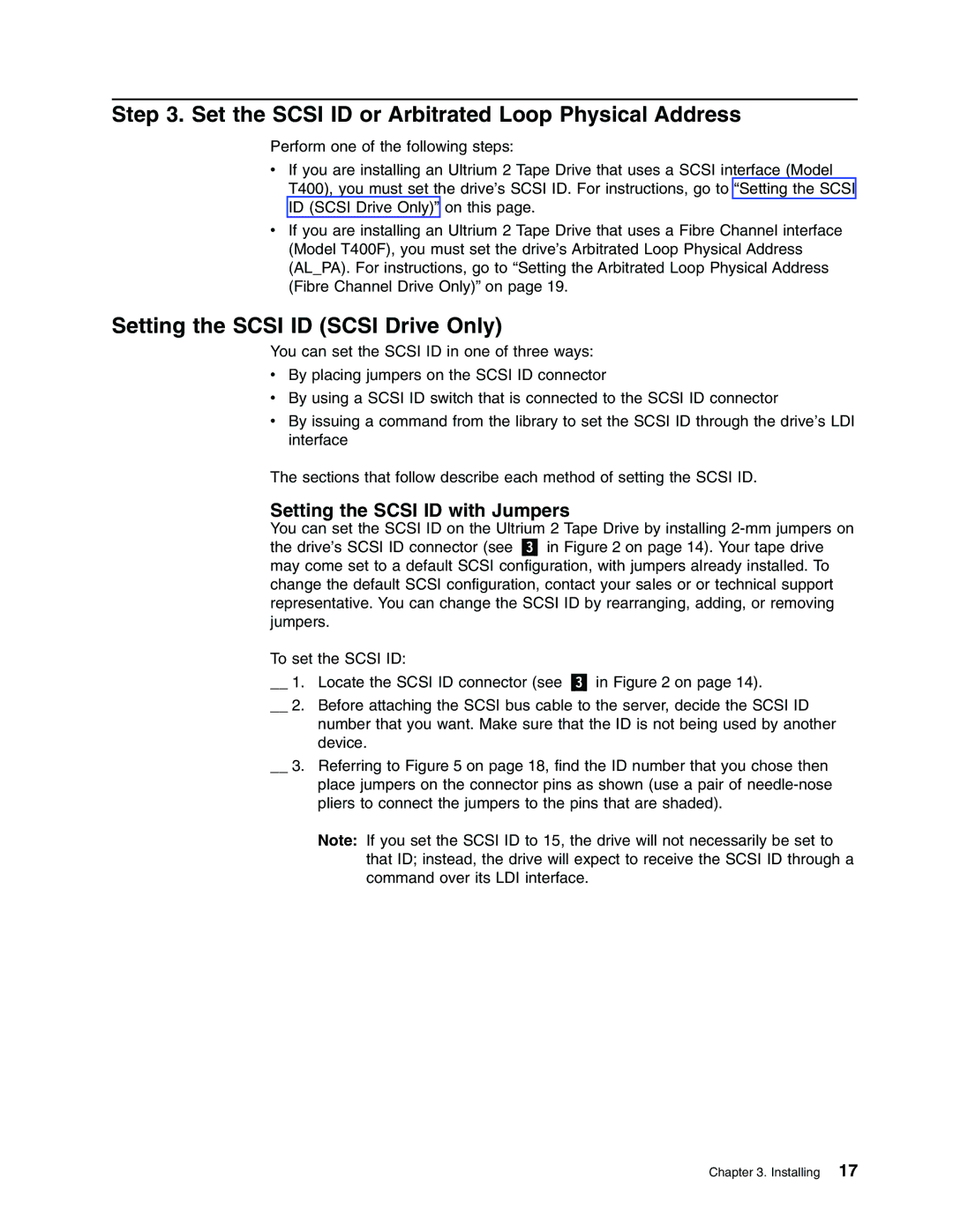 IBM T400F manual Set the Scsi ID or Arbitrated Loop Physical Address, Setting the Scsi ID Scsi Drive Only 