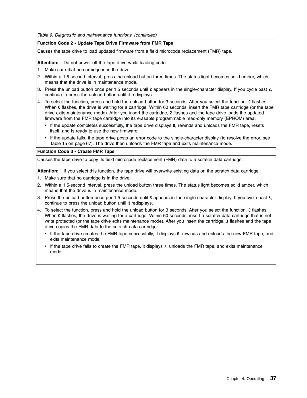 IBM T400F manual Function Code 2 Update Tape Drive Firmware from FMR Tape, Function Code 3 Create FMR Tape 