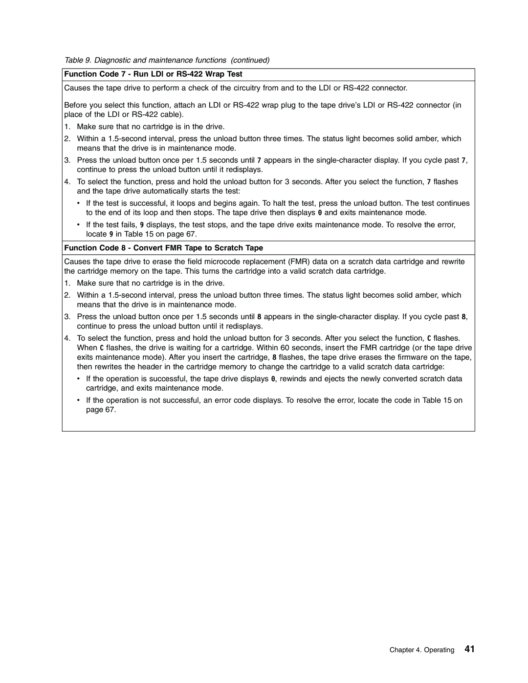 IBM T400F manual Function Code 7 Run LDI or RS-422 Wrap Test, Function Code 8 Convert FMR Tape to Scratch Tape 