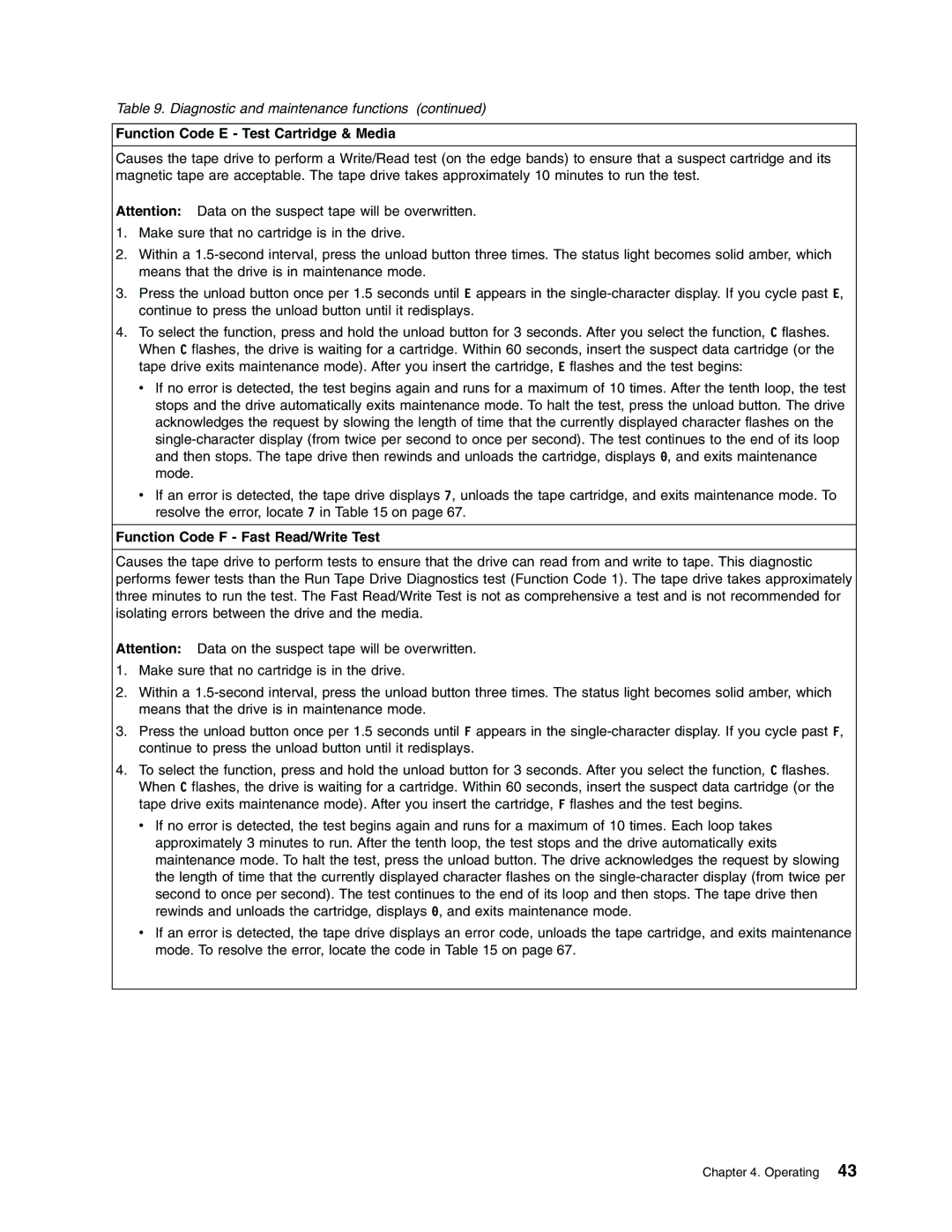 IBM T400F manual Function Code E Test Cartridge & Media, Function Code F Fast Read/Write Test 
