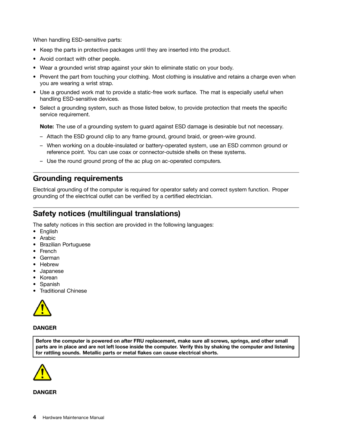 IBM T400S, T410SI manual Grounding requirements, Safety notices multilingual translations 