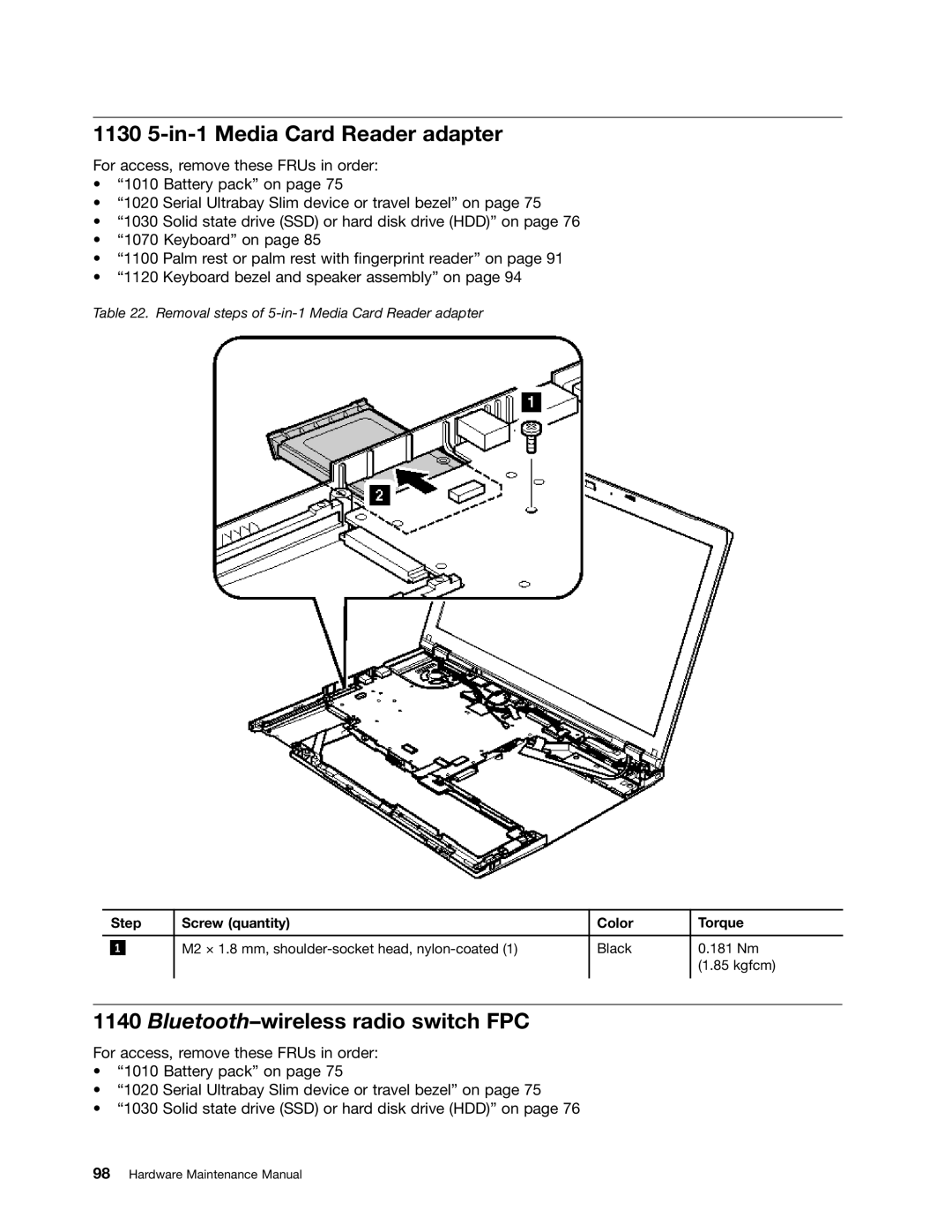 IBM T410SI, T400S manual 1130 5-in-1 Media Card Reader adapter, Bluetooth-wireless radio switch FPC 