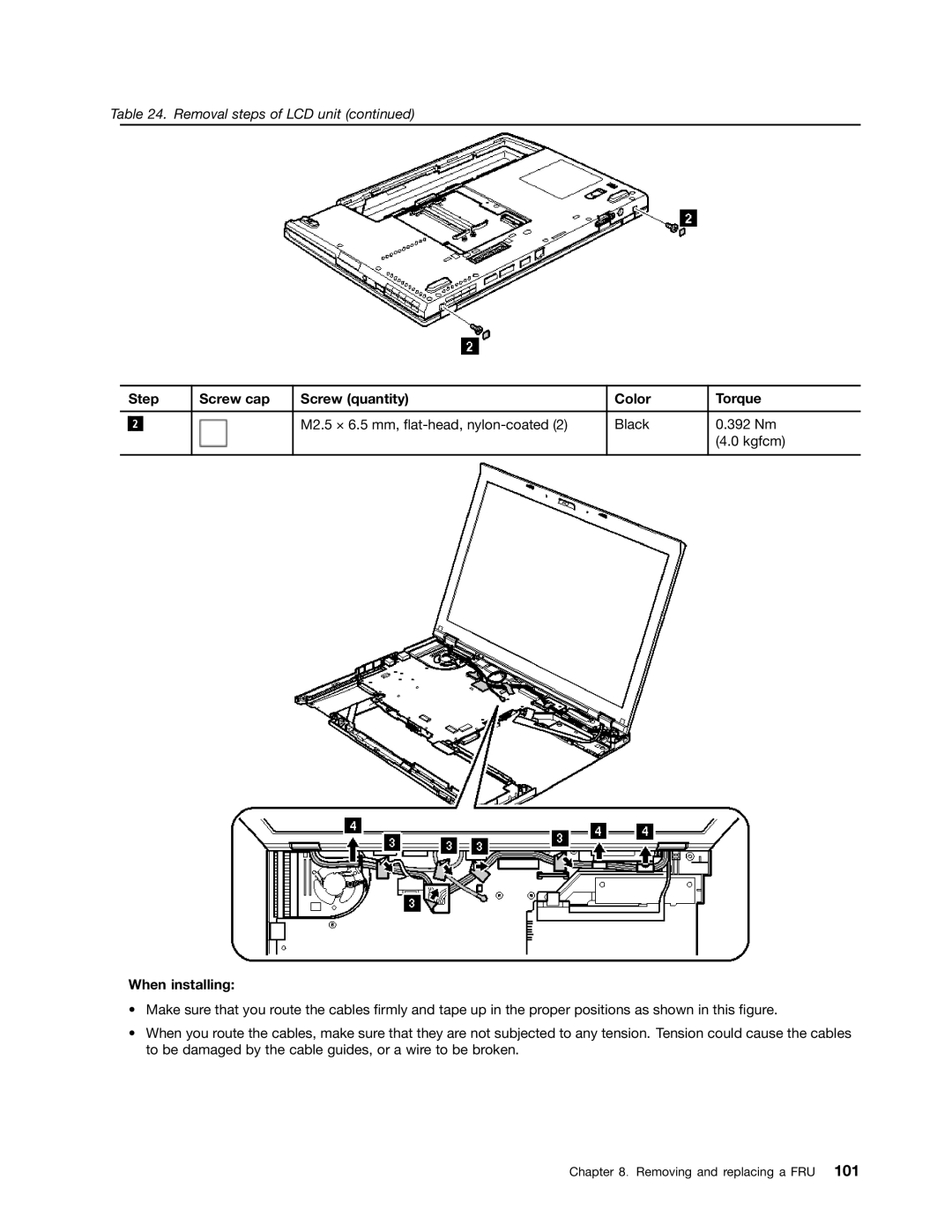 IBM T410SI, T400S manual Step Screw cap Screw quantity Color Torque, When installing 