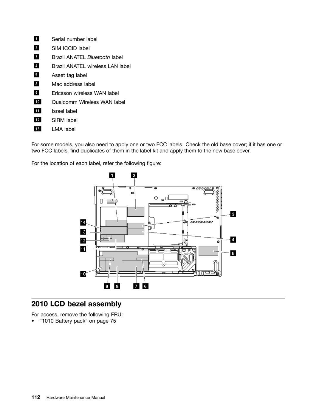 IBM T400S, T410SI manual LCD bezel assembly, For access, remove the following FRU Battery pack on 