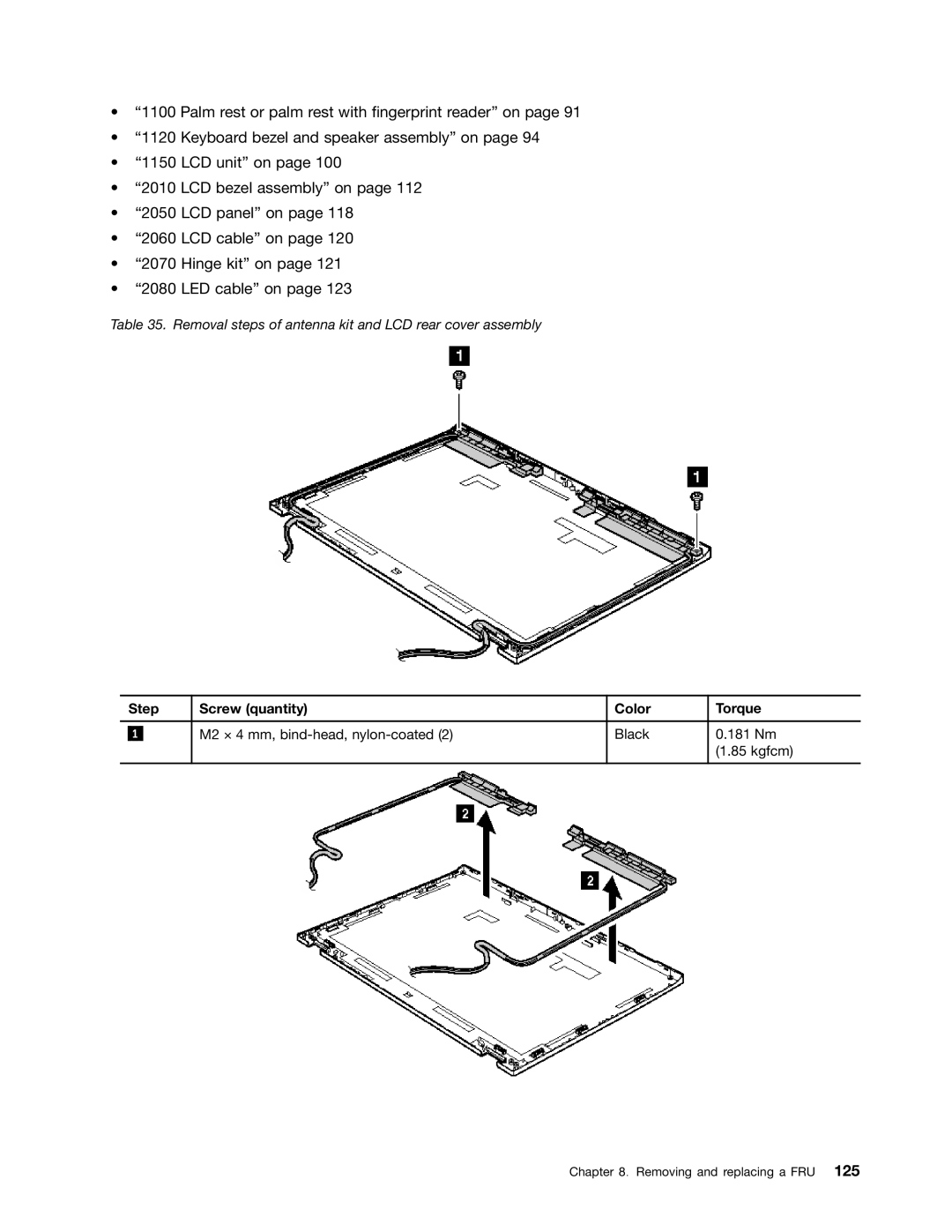 IBM T410SI, T400S manual Removal steps of antenna kit and LCD rear cover assembly 