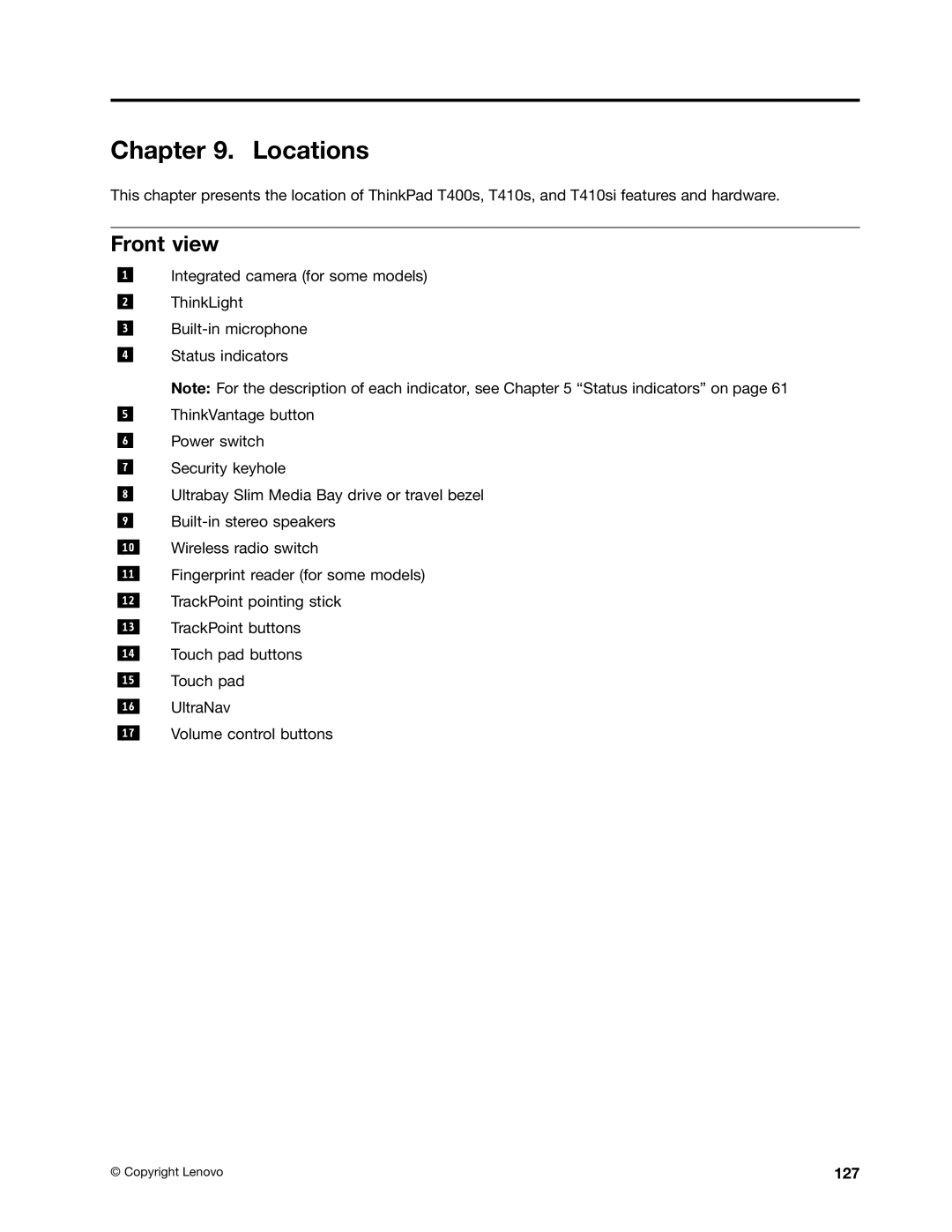 IBM T400S, T410SI manual Locations, Front view 