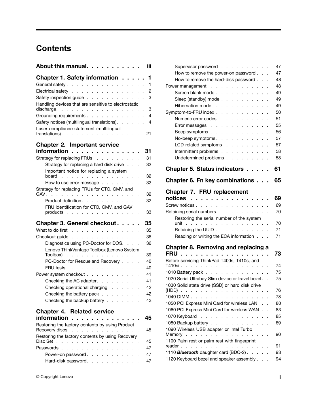 IBM T400S, T410SI manual Contents 