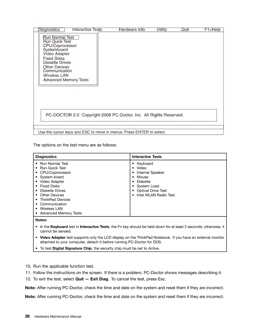 IBM T410SI, T400S manual Options on the test menu are as follows, Diagnostics Interactive Tests 