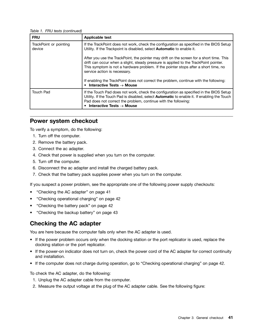 IBM T410SI, T400S manual Power system checkout, Checking the AC adapter, Interactive Tests Mouse 