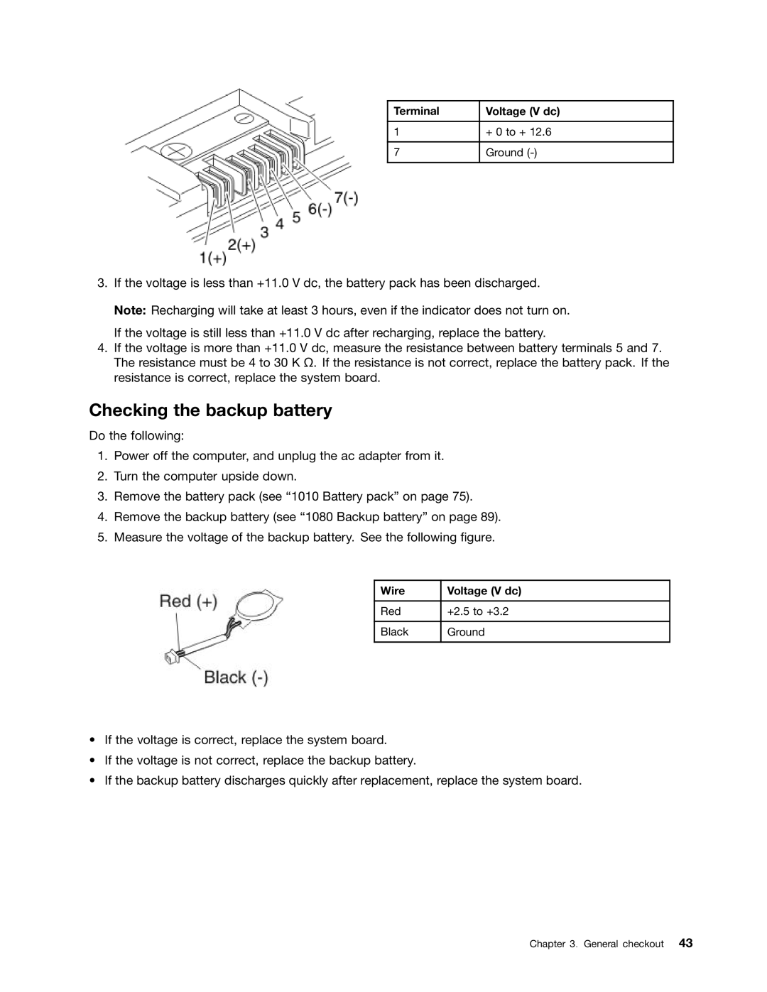 IBM T400S, T410SI manual Checking the backup battery, Terminal Voltage V dc, Wire Voltage V dc 