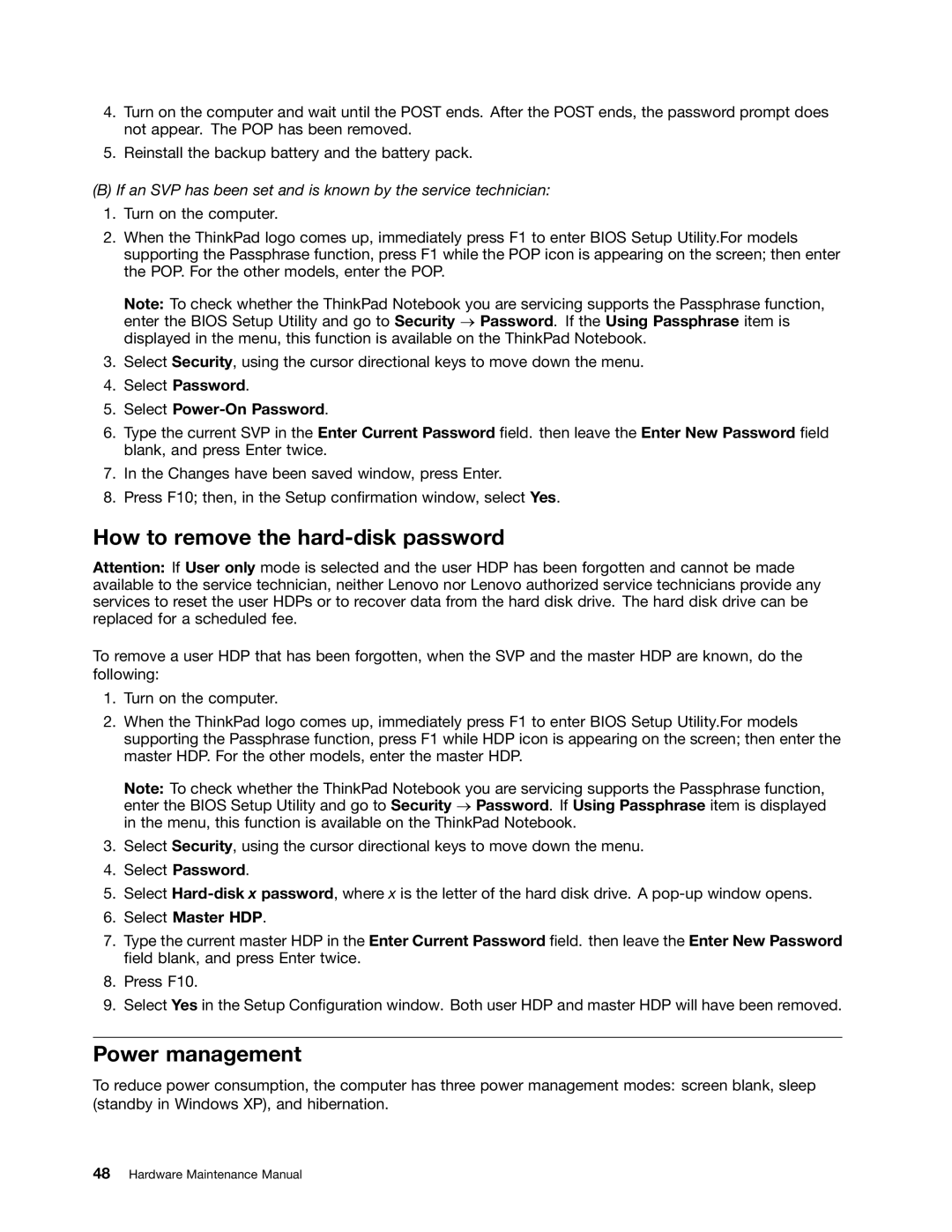 IBM T400S, T410SI manual How to remove the hard-disk password, Power management 