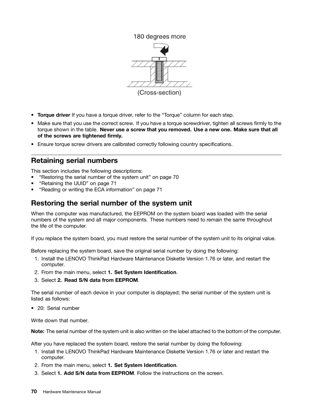 IBM T400S, T410SI manual Retaining serial numbers, Restoring the serial number of the system unit 