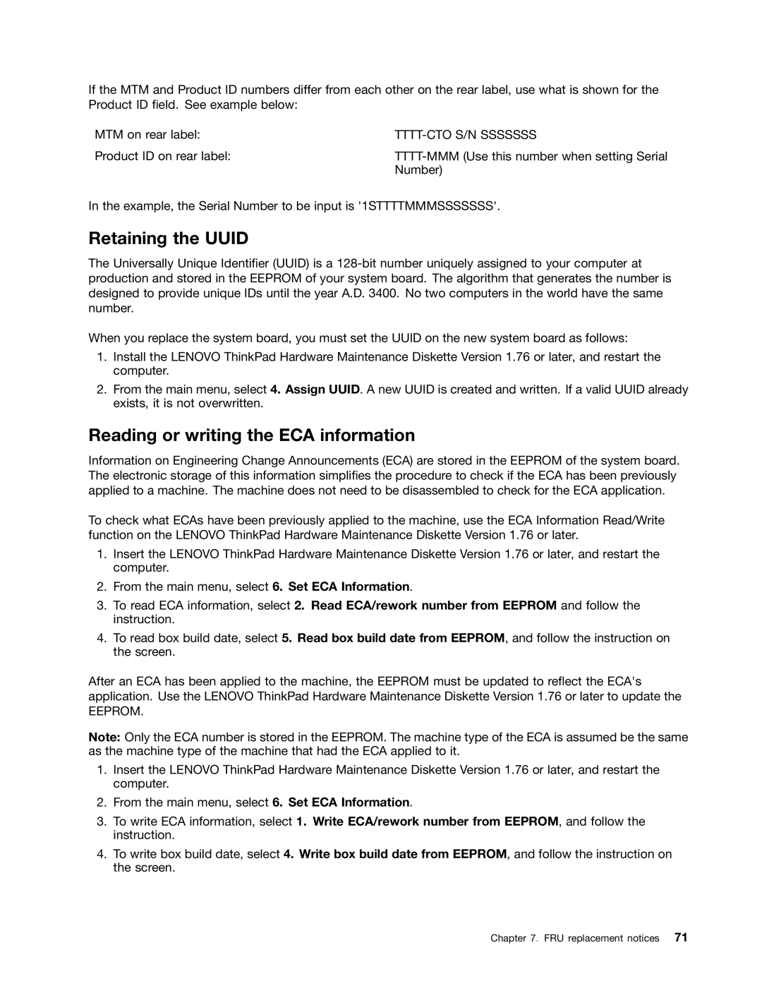 IBM T410SI, T400S manual Retaining the Uuid, Reading or writing the ECA information 