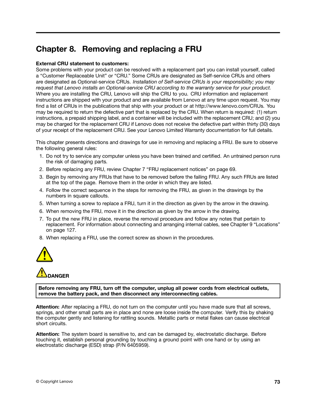 IBM T400S, T410SI manual Removing and replacing a FRU 