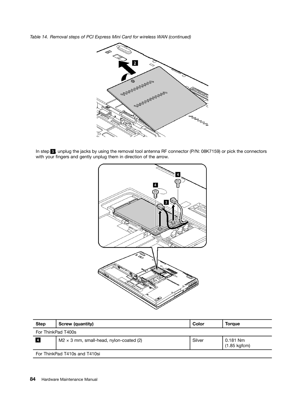 IBM T400S, T410SI manual Step Screw quantity Color Torque 