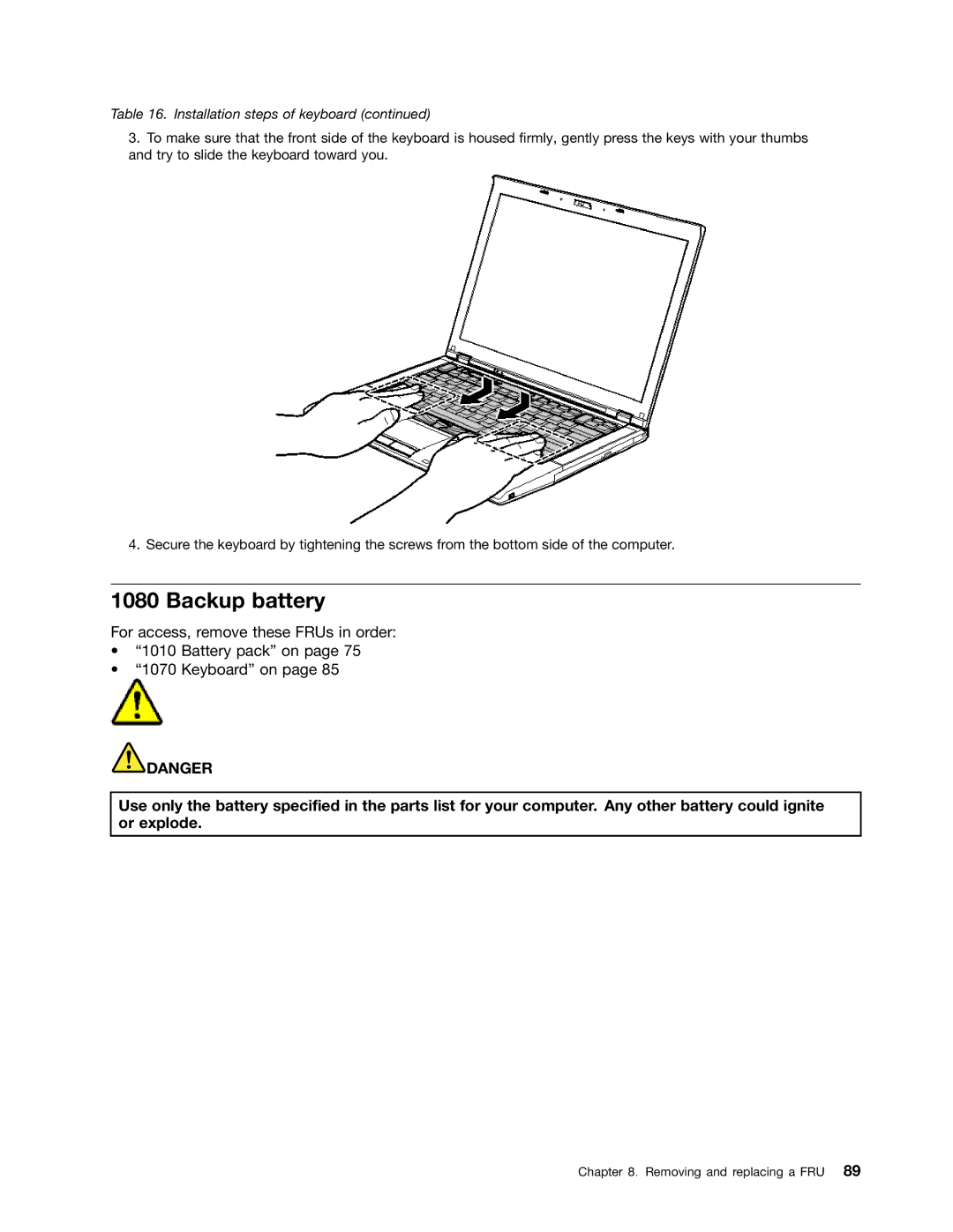 IBM T410SI, T400S manual Backup battery, Installation steps of keyboard 