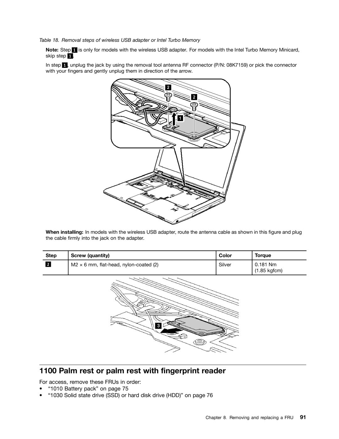 IBM T410S Palm rest or palm rest with fingerprint reader, Removal steps of wireless USB adapter or Intel Turbo Memory 