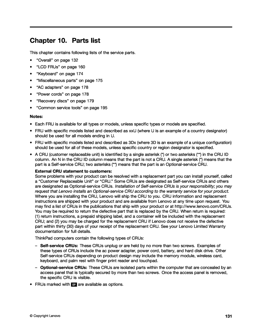 IBM T410SI, T400S manual Parts list, External CRU statement to customers 