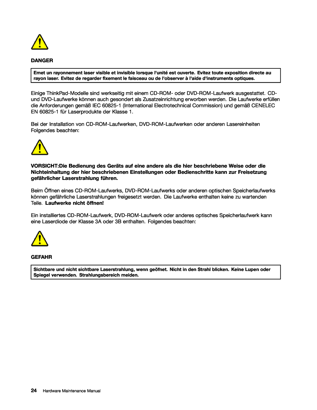 IBM T400S, T410SI manual Danger, Gefahr, Hardware Maintenance Manual 