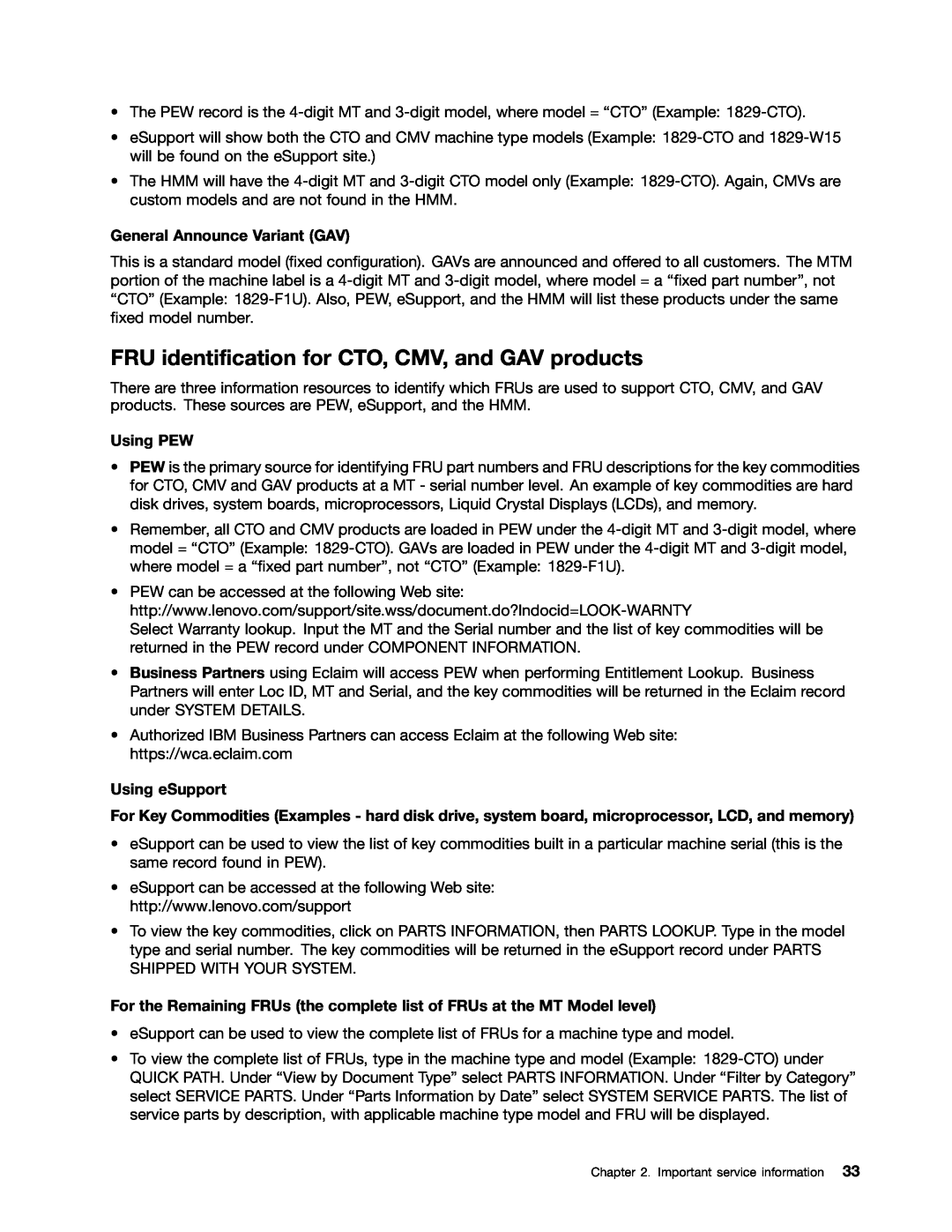 IBM T400S manual FRU identification for CTO, CMV, and GAV products, General Announce Variant GAV, Using PEW, Using eSupport 