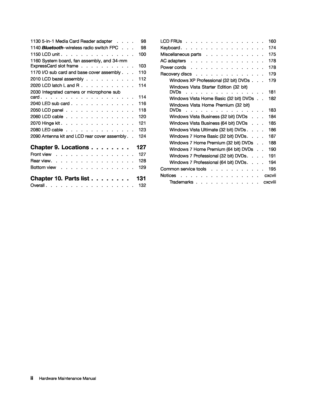 IBM T400S, T410SI manual Locations, Parts list, ii Hardware Maintenance Manual 