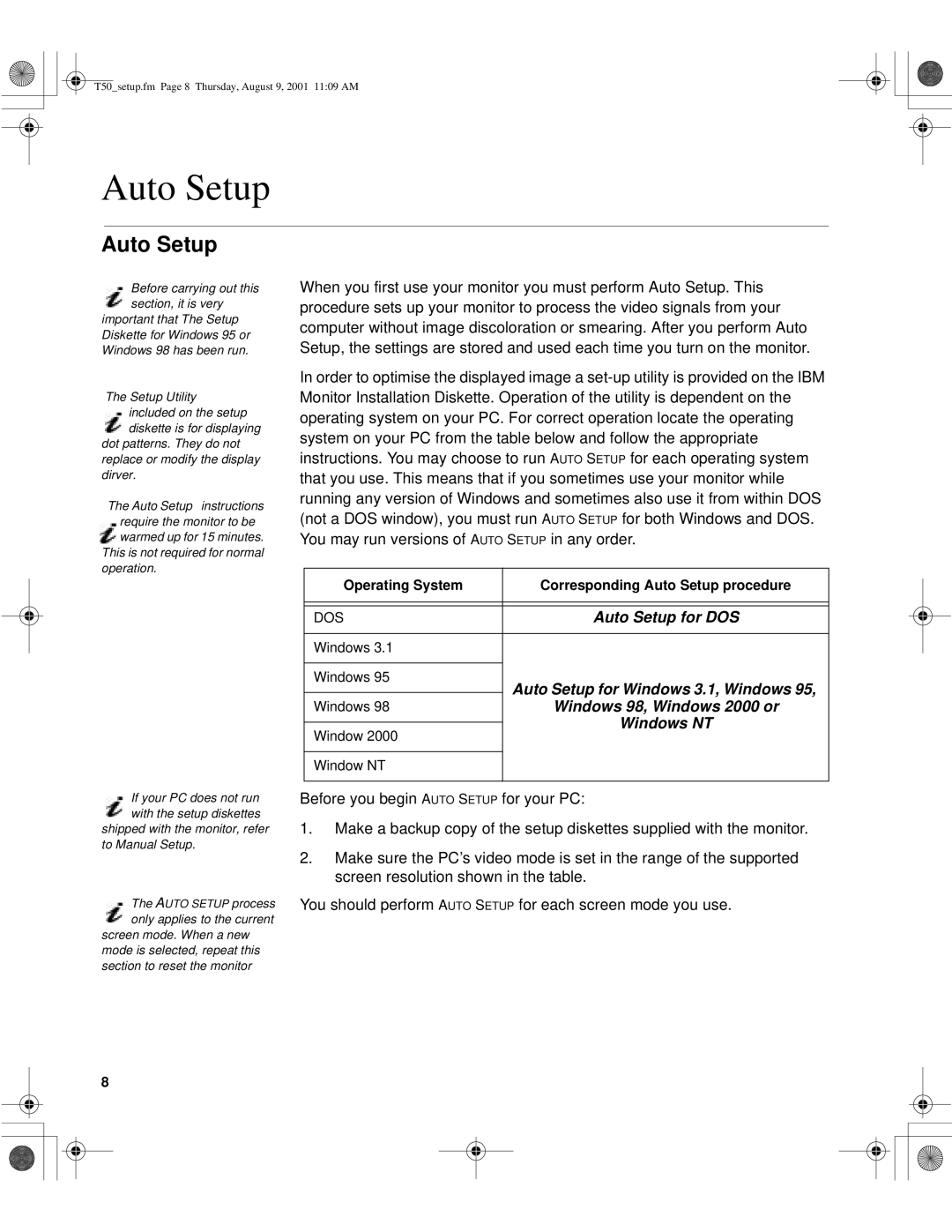 IBM 31P6260, T50, 9511-AWC, 9511-AGC, 31P6259 manual Auto Setup 