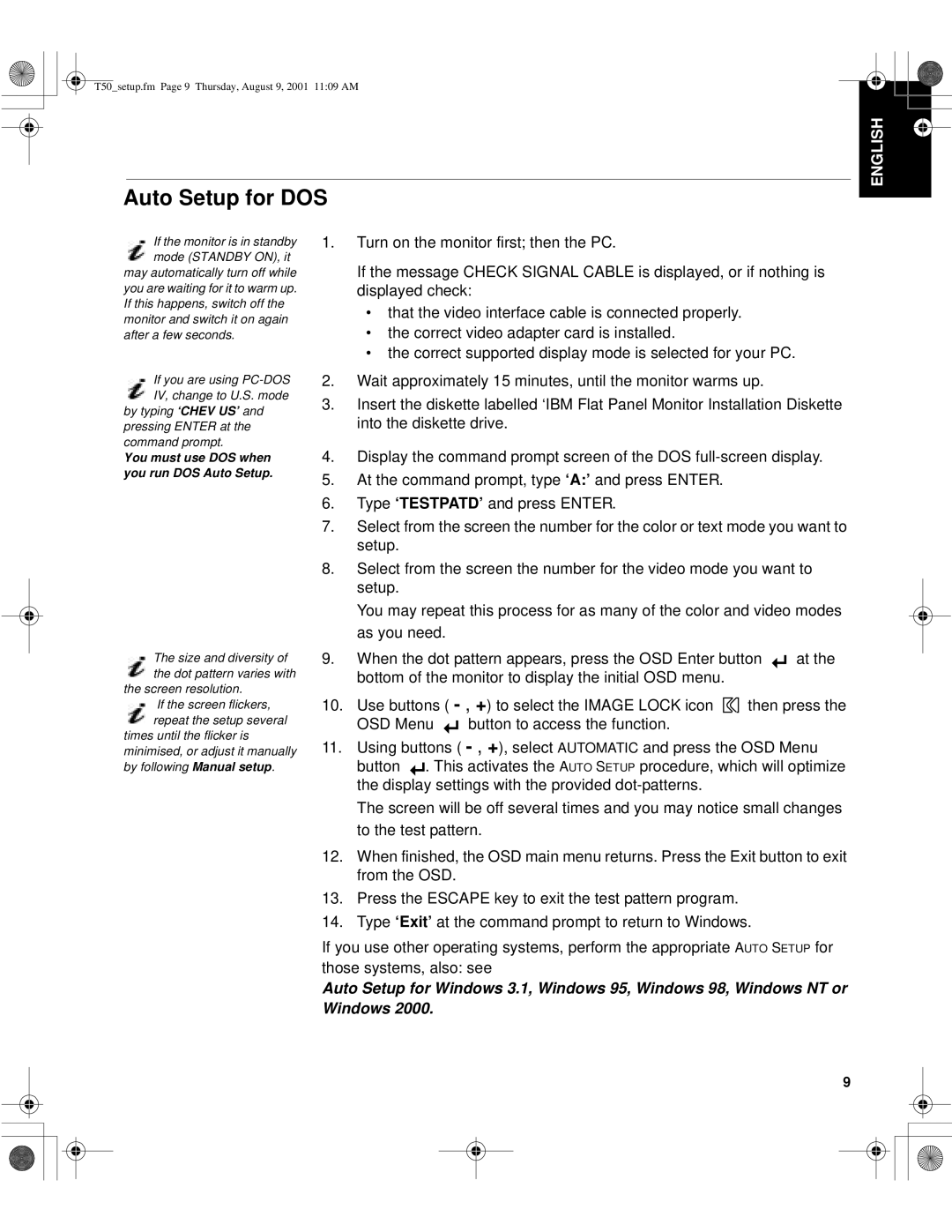 IBM 31P6259, T50, 9511-AWC, 9511-AGC, 31P6260 manual Auto Setup for DOS, Screen resolution 